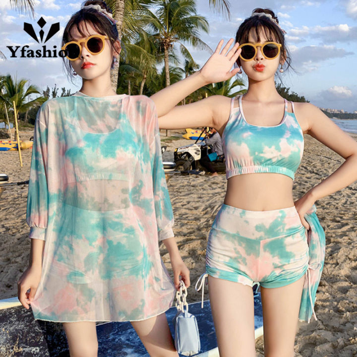 Yfashion 3pcs Women Cotton Bikini Set With Long Sleeves Sunscreen Cover-up Sweet Printing Sleeveless Tops Shorts Suit