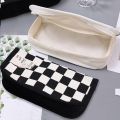 Multifunctional Stationery Storage Bag Black White Checkerboard Pattern Zipper Bag Large Capacity Canvas Pencil Case Portable Travel Makeup Tool Organizer. 