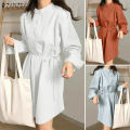 【ThinkWay】Korean Style Womens Fashion Stand Collar Long Sleeve Dress Elegant Plain Mini Shirt Dresses #10. 