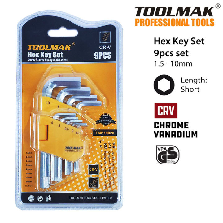 Allen Key Hex Key Wrench Set - 9 Pcs - CRV - Short - Hex - (1.5 -10 mm) - TOOLMAK
