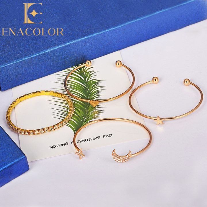 Enacolor Delicate Star Moon Crystal Open Bangle Bracelet for