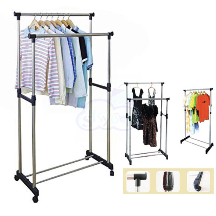 Double Pole Clothes Rack - Silver Double Pole Telescopic Clothes Hanger, Garment Drying Rack with Rolling Wheels stand