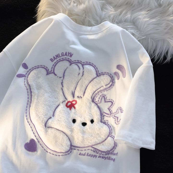 Cute Plush Rabbit Short Sleeve T Women's T-shirt ins Trendy Summer Design Sense Niche Loose Girlfriends Clothes Summer Pure Cotton Top