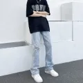 GOFB High Street Ripped White Jeans Summer New Loose Slimming Bootcut Pants American Retro Pants Men. 