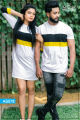 White Color Black & Yellow Lined Couple T Shirt Dress | AS578. 