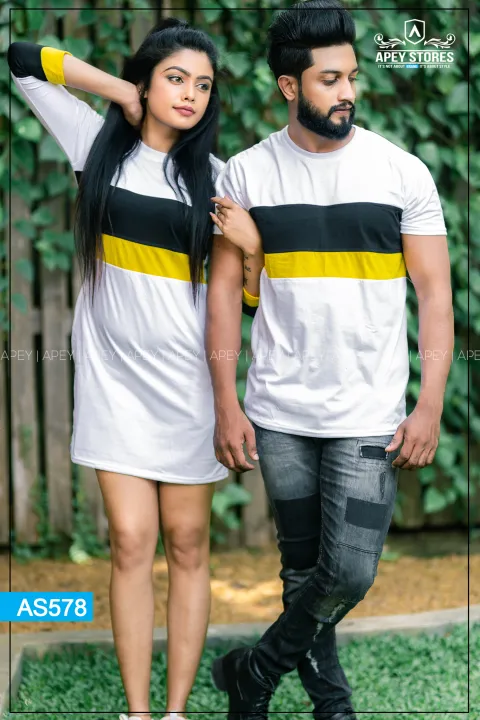 White%20Color%20Black%20&%20Yellow%20Lined%20Couple%20T%20Shirt%20Dress%20%7C%20AS578%20-%20Image%204