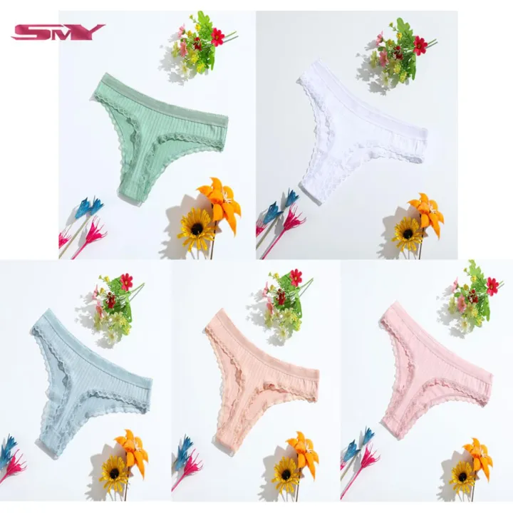 SMY 5PCS New Lace Trim Ladies Panties Soft Breathable Ladies Thong