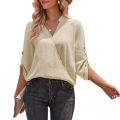 Yfashion Women V-neck Shirt Casual Long Sleeves Loose Tops Simple Solid Color Pullover Tops For Date Party Beach. 