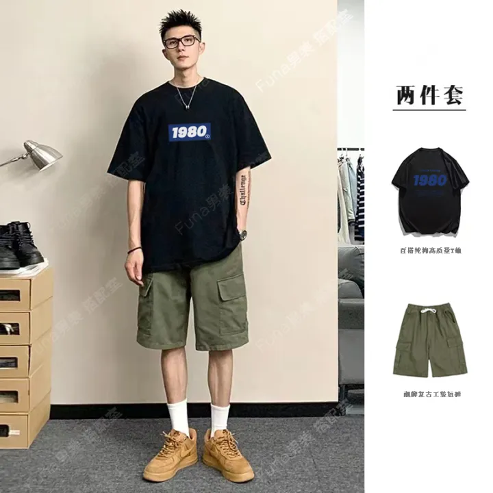 Summer%20Trendy%20Men%20ins%20Online%20Red%20High-Looking%20Hong%20Kong%20Style%20Two-Piece%20Suit%20with%20Half%20Sleeves%20T%20T-shirt%20Leisure%20Cargo%20Shorts%20-%20Image%208