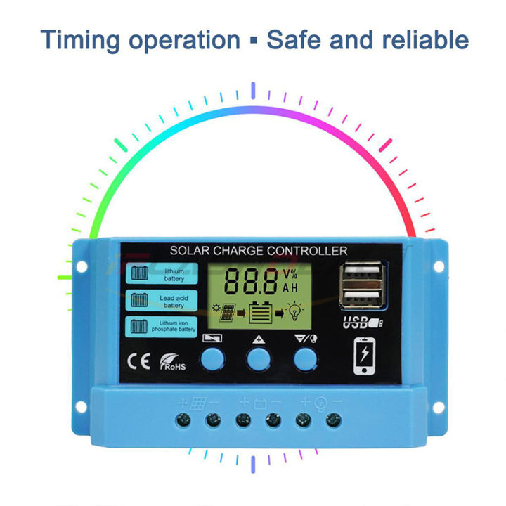 iFlashDeal 30A Solar Panel Controller Solar Charge Controller 12V/24V Adjustable LCD Display Solar Panel B-attery Regulator With USB Port Auto PWM Controllers Intelligent System Charging Controller For Home