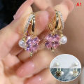 1Pair Fashion Temperament Crystal Earrings Purple Zircon Four-Leaf Flower Pearl Ear Stud For Women Light Luxury Ear Accessories. 