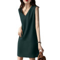 bellylady Women Cotton V Neck Dress Solid Color Loose Waist A-line Skirt Sleeveless Pullover Casual Short Dress. 
