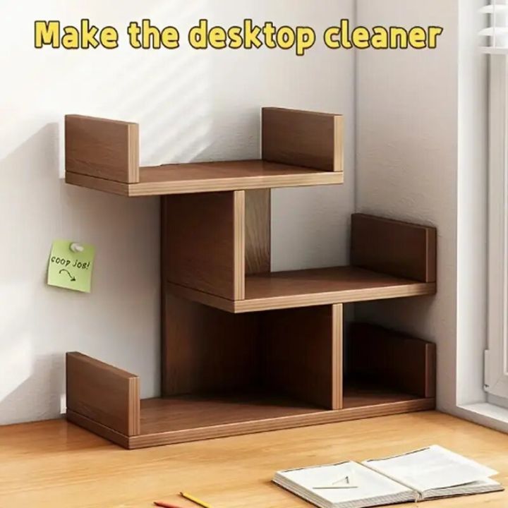 3-Tier Solid Wood Desktop Organizer Shelf - Space-Saving Office Storage Rack for Books, Documents, and Photo Albums