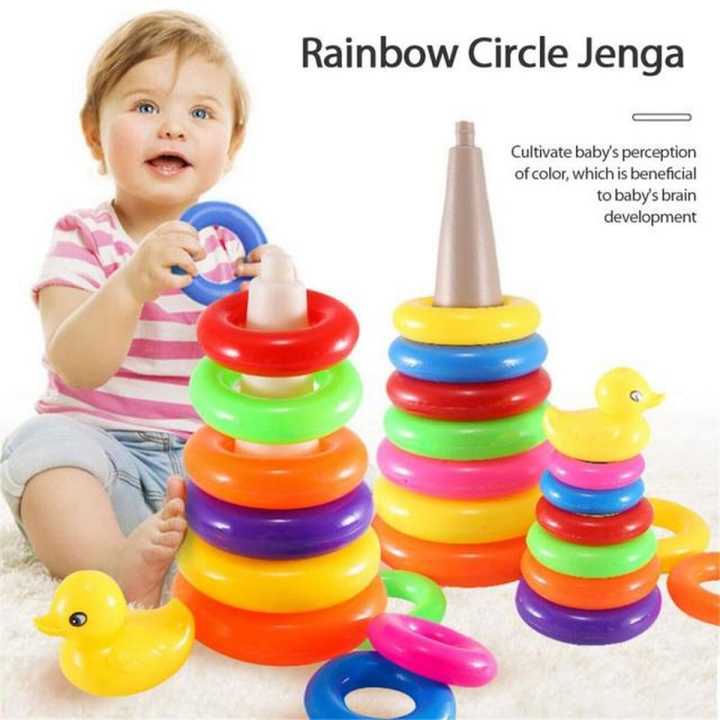 Ring Tower Toy / Kids Baby's Bath Tub Floating Toy Adorable Yellow Duck Toy with 9 Plastic Rainbow Color Stacking Rings Tower Toy