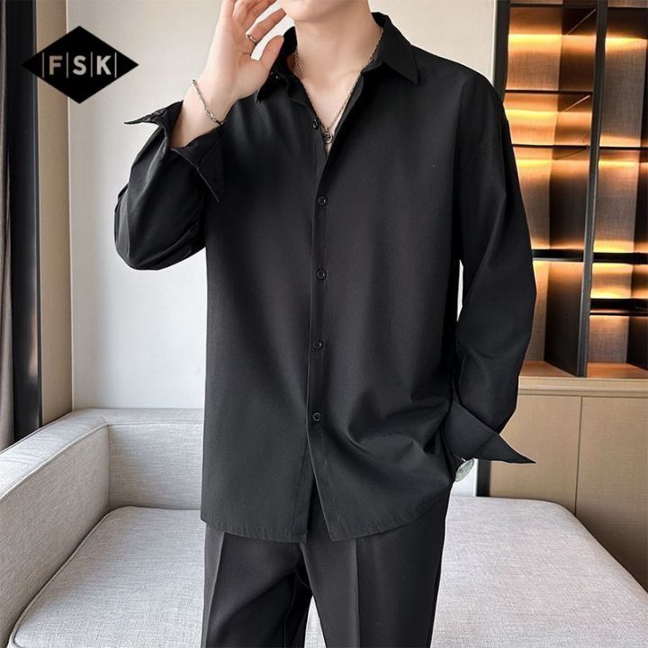 FSK Non-Ironing Ice Silk Black Shirt Men's Long Sleeve Spring/Summer ...