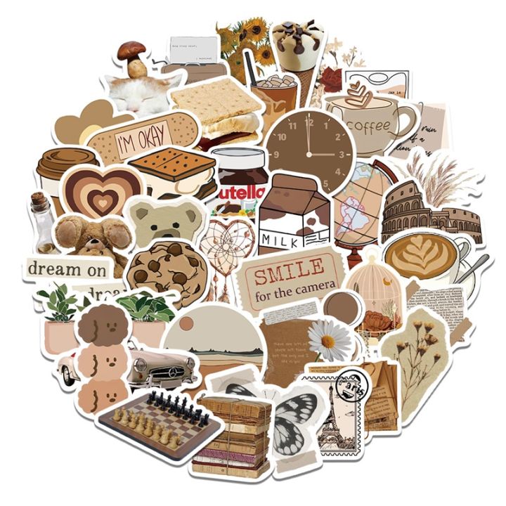 10/30/60PCS%20Vintage%20Brown%20Sticker%20Aesthetic%20PVC%20Laptop%20Sketchbook%20Children's%20Stationery%20Decoraction%20Scrapbooking%20School%20Supplies%20-%20Image%205