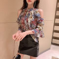 off-the-Shoulder Floral Chiffon Blouse Women's Summer Wear2023New Fashionable Korean Style Temperament Shirt Loose Bell Sleeve Top. 