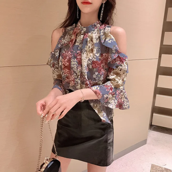 off-the-Shoulder%20Floral%20Chiffon%20Blouse%20Women's%20Summer%20Wear2023New%20Fashionable%20Korean%20Style%20Temperament%20Shirt%20Loose%20Bell%20Sleeve%20Top%20-%20Image%208