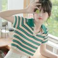 POLO Collar Striped Sweater for Women Spring and Summer 2024 New Design Sense Slim Fit Slimming and Short Hot Girl Short Sleeve Top. 