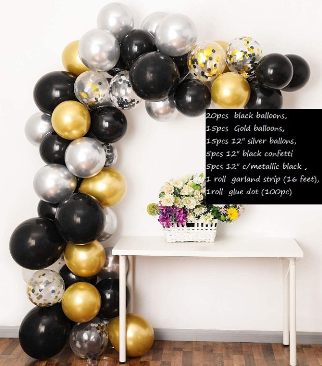 Black Gold Silver Balloon Garland Kit, 10Inch Balloon Garland Backdrop Including Black, Chrome Gold Silver Confetti Balloons Decorations Backdrop Ideal for Birthday Party Decorations