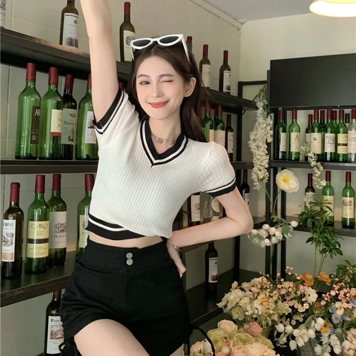 bellylady%20Women%20Cotton%20Cropped%20T%20Shirt%20Retro%20Knitted%20V-neck%20Pullover%20Tops%20Short-sleeved%20High-waisted%20Slim%20Fit%20Shirt%20-%20Image%206