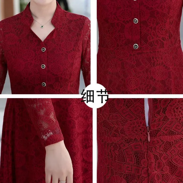 Middle-Aged Mom Wedding Lace Dress Women's Summer New Spring Clothes Middle-Aged and Elderly Wedding Red Skirt Gown Summer
