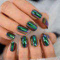 Chrome Nails Press On Square Nails Full Cover Fingernails Green Electroplate Design Short Style With Glue Sticker Manicure. 