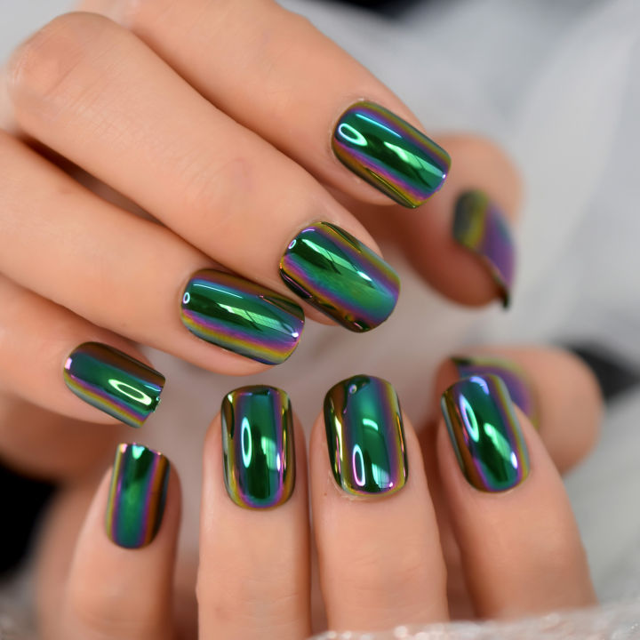 Chrome%20Nails%20Press%20On%20Square%20Nails%20Full%20Cover%20Fingernails%20Green%20Electroplate%20Design%20Short%20Style%20With%20Glue%20Sticker%20Manicure%20-%20Image%202