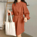【ThinkWay】Korean Style Womens Fashion Stand Collar Long Sleeve Dress Elegant Plain Mini Shirt Dresses #10. 