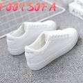 【FOOT SOFA】Women Sneakers Fashion Breathble Vulcanized Shoes Women Pu leather Platform Shoes Women Lace up Casual Shoes White. 