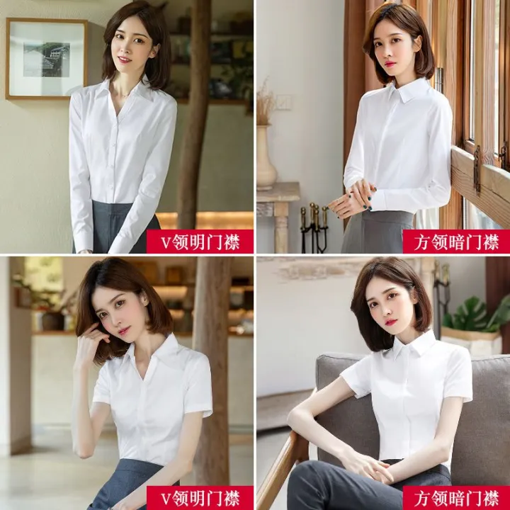 2023Spring%20and%20Autumn%20NewVCollar%20White%20Shirt%20Women's%20Long%20Sleeve%20Formal%20Suit%20Work%20Clothes%20Business%20Wear%20White%20Short%20Sleeve%20Shirt%20-%20Image%205