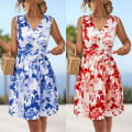 Yfashion Women Floral Dress Sleeveless V Neck High Waist A Line Dress Flowy Swing Shift Dresses With Belt. 