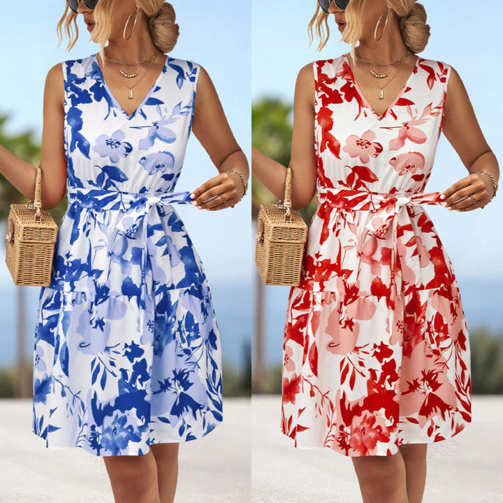Yfashion%20Women%20Floral%20Dress%20Sleeveless%20V%20Neck%20High%20Waist%20A%20Line%20Dress%20Flowy%20Swing%20Shift%20Dresses%20With%20Belt%20-%20Image%202