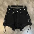 Sweet Cool Dark Gothic Hip Hop Streetwear Female Black Personality Summer Bandage Tassel Trend Jeans Raw Fringe Denim Shorts. 