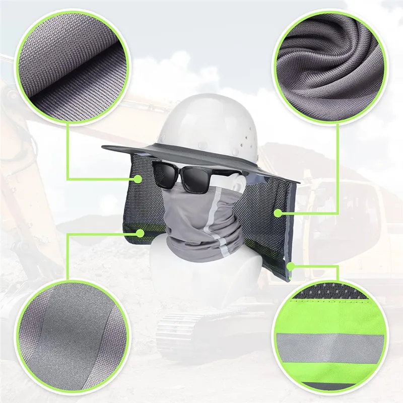 2-Pack Hard Hat Sun Shade & Neck Gaiter Set – High-Vis Reflective Mesh Brim Protection, Cooling Face Scarf For Construction & Outdoor Work