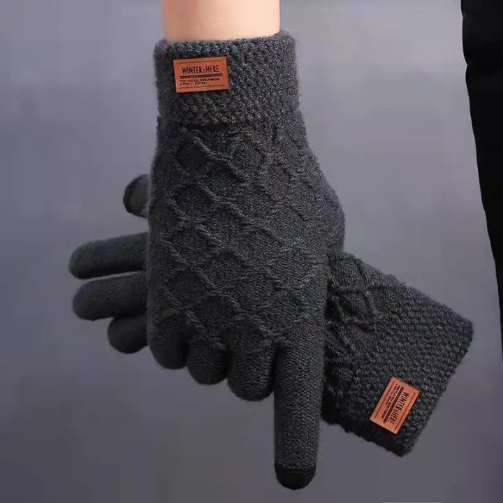 Autumn and Winter Fleece-lined Thick Wool Knitted Gloves Men's Touch Screen Warm Gloves Cycling Driving Cold-Proof Warm