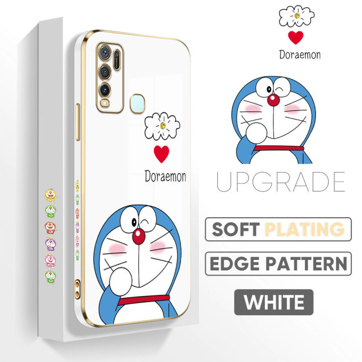 TA for Vivo Y30 Case Sneak Doraemon Luxury 6D Plating Soft Casing Silicone Square Frame Phone Case Shiny Bling Back Cover + Free Lanyard