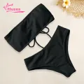 Muses Mall Bathing Suit Solid Color Bandeau Swimming Trunks Split Bikini Set. 