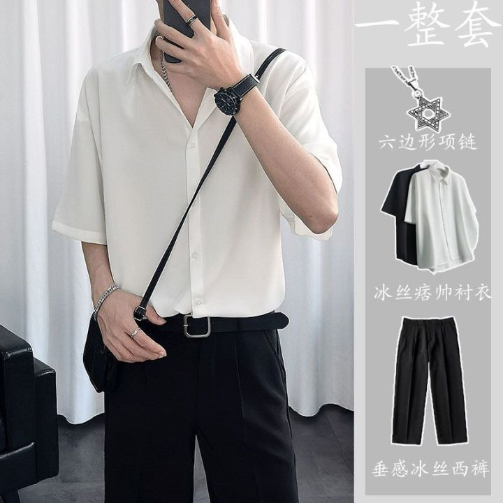 Shijitu%20Ice%20Silk%20Short%20Sleeve%20Shirt%20Men's%20Summer%20High-Grade%20Black%20ins%20Trendy%20Half%20Sleeve%20Loose%20Casual%20Simple%20Set%20-%20Image%205
