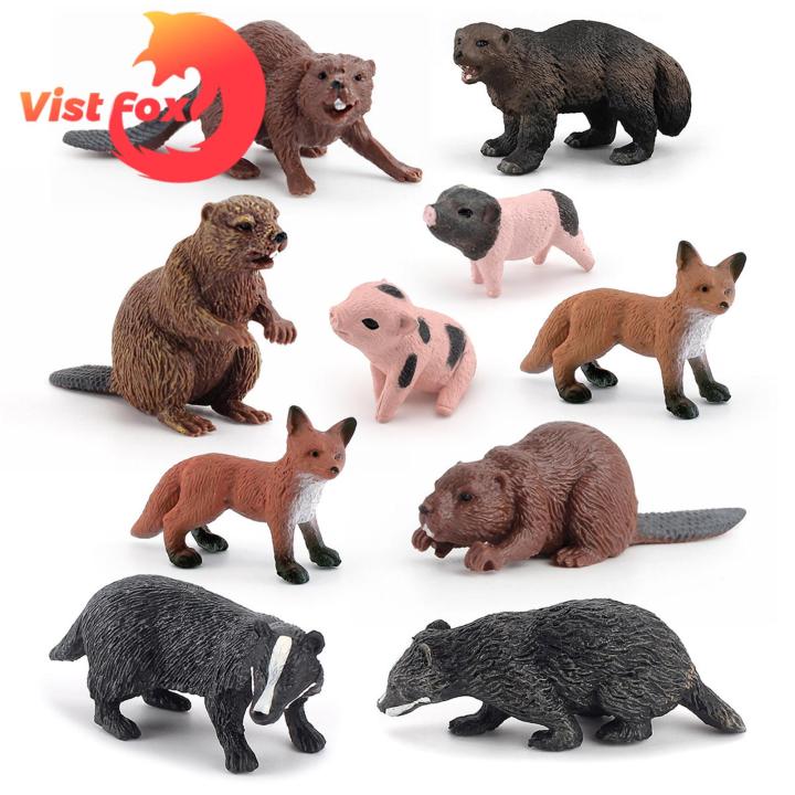 Jungle Animal Toys 10pcs Jungle Animal Model Simulation Wild Figures Toys Realistic Beaver Fox Badger Mini Figurines Cake Topper Toy Set Christmas Birthday Easter Egg Gift Party Favor for Kids Zoo