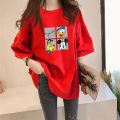 Pure Cotton 2024 Spring and Summer New Korean Style Loose All-Matching Printed T T-shirt Top Casual Short Sleeve Hong Kong Style Women's Fashion. 