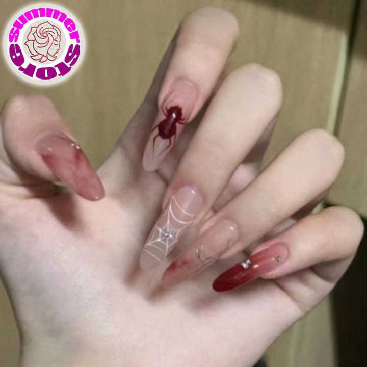 Halloween Nail Art Patch Dark Red Detachable Nail Spider Web Wearing Nail Art Nail Art Snoiling Long Armor Diamond