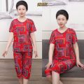 Summer New Loose Mom Wear Short Sleeve Leisure Extra Large Oversized Middle-Aged and Elderly Grandma's Suit Imitation Ice Silk Two-Piece Suit. 