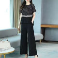 Yfashion 2 Pcs Women Outfits Polka Dot Printing Stitching Short Sleeve T-shirt Long Wide Leg Pants Fashion Casual Sportswear Suit \u989c\u8272. 