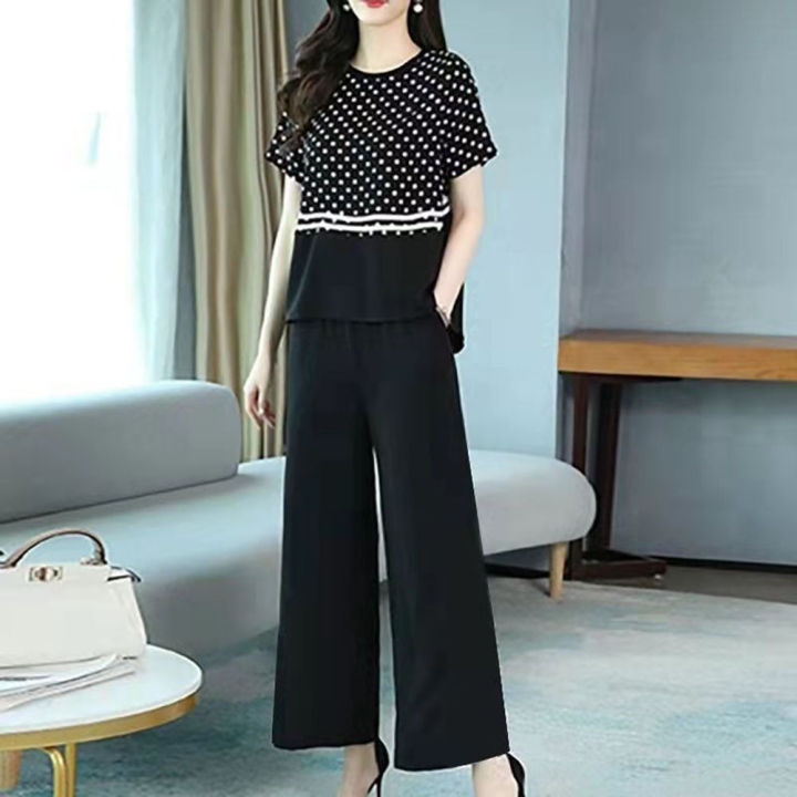 Yfashion 2 Pcs Women Outfits Polka Dot Printing Stitching Short Sleeve T-shirt Long Wide Leg Pants Fashion Casual Sportswear Suit \u989c\u8272