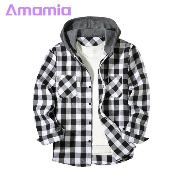Men Flannel Shirt Men's Hooded Plaid Shirt Coat for Daily Wear Stylish Long Sleeve Drawstring Top for School Home Fall Spring Fashion Cotton Flannel Shirt
