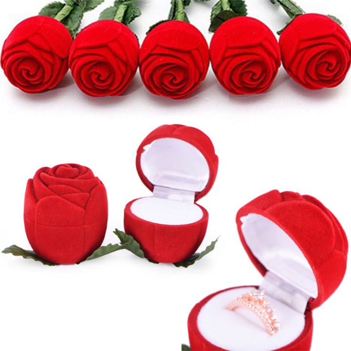 Red Rose Flower Velvet Jewelry Storage Box Engagement Ring Display Case Holder Hot Sale