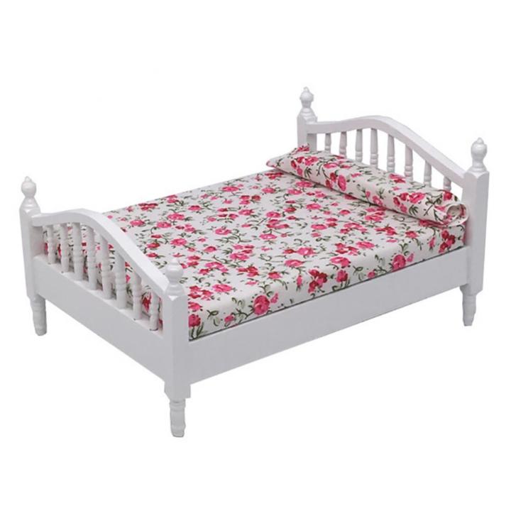 Wooden%20Miniature%201/12%20Dollhouse%20Double%20Bed%20Floral%20Sheet%20House%20Furniture%20Kids%20Toy%20-%20Image%204
