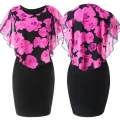 【WEJA】qie® Plus Size Elegant Office Lady Rose Flower Print Cape Bodycon Knee Length Dress. 