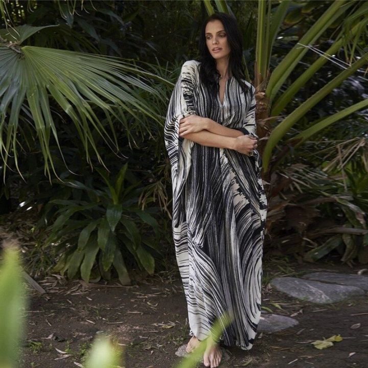 【ZIME】Zebra Print Maxi Dress With Belt Women's Black And White Stripes Print Waist Sash Long Kaftan Trendy Simple Style Elegant Gown Quick Drying Materials Swimsuits Beach Wear